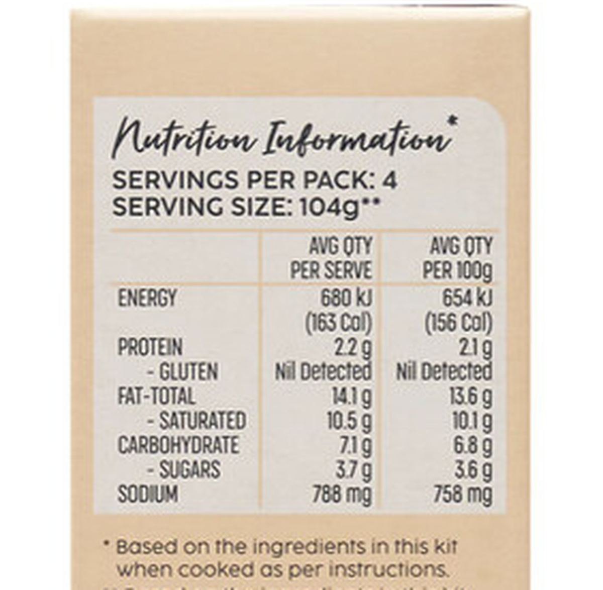 Pack photograph of Marion's Kitchen Thai Green Curry Meal Kit 419g showing the printed nutrition panel