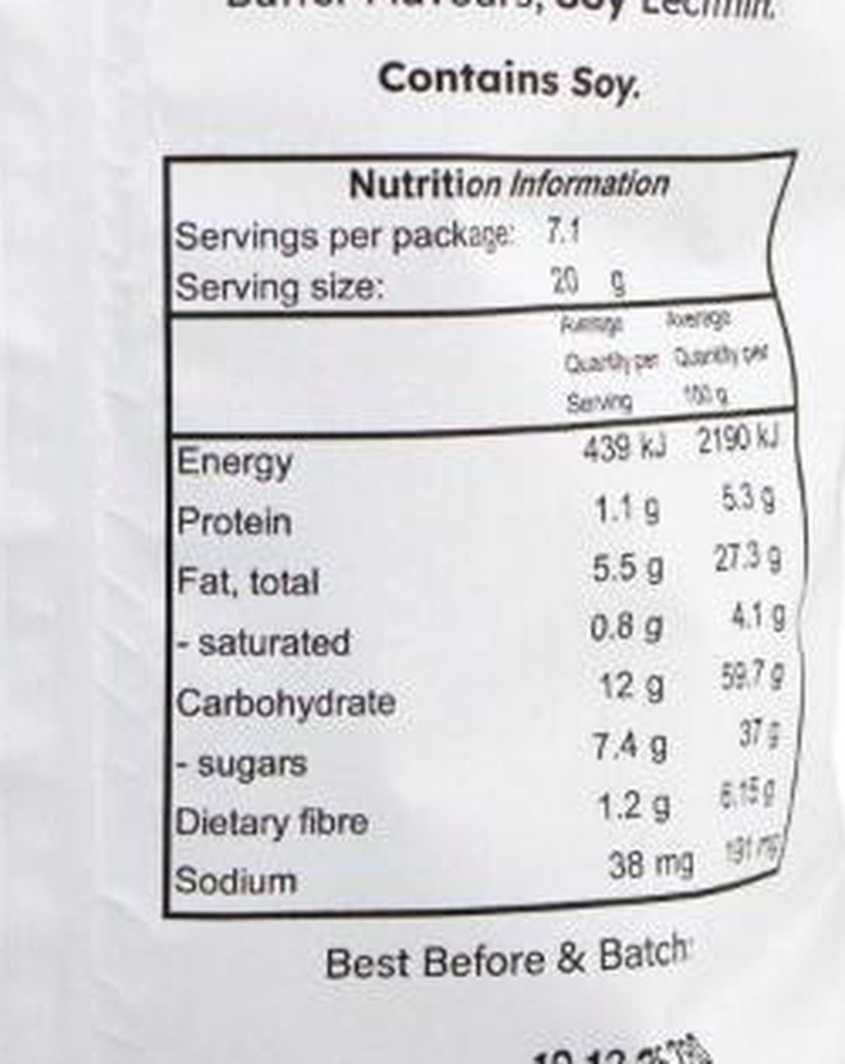 Pack photograph of Jonny's Caramel Popcorn Delights showing the printed nutrition panel