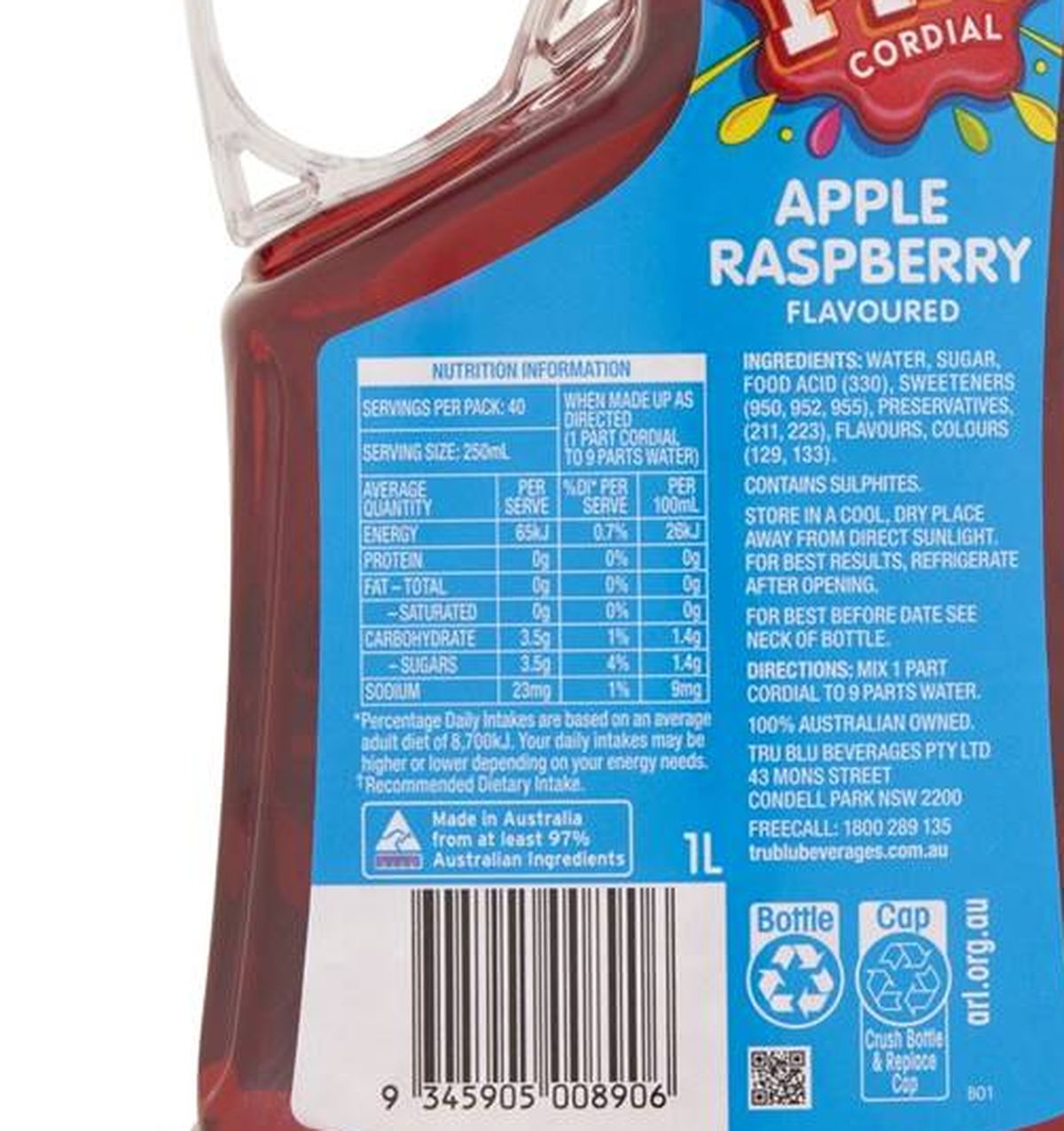 Pack photograph of Pips Apple Raspberry Flavoured Cordial 1L showing the printed nutrition panel