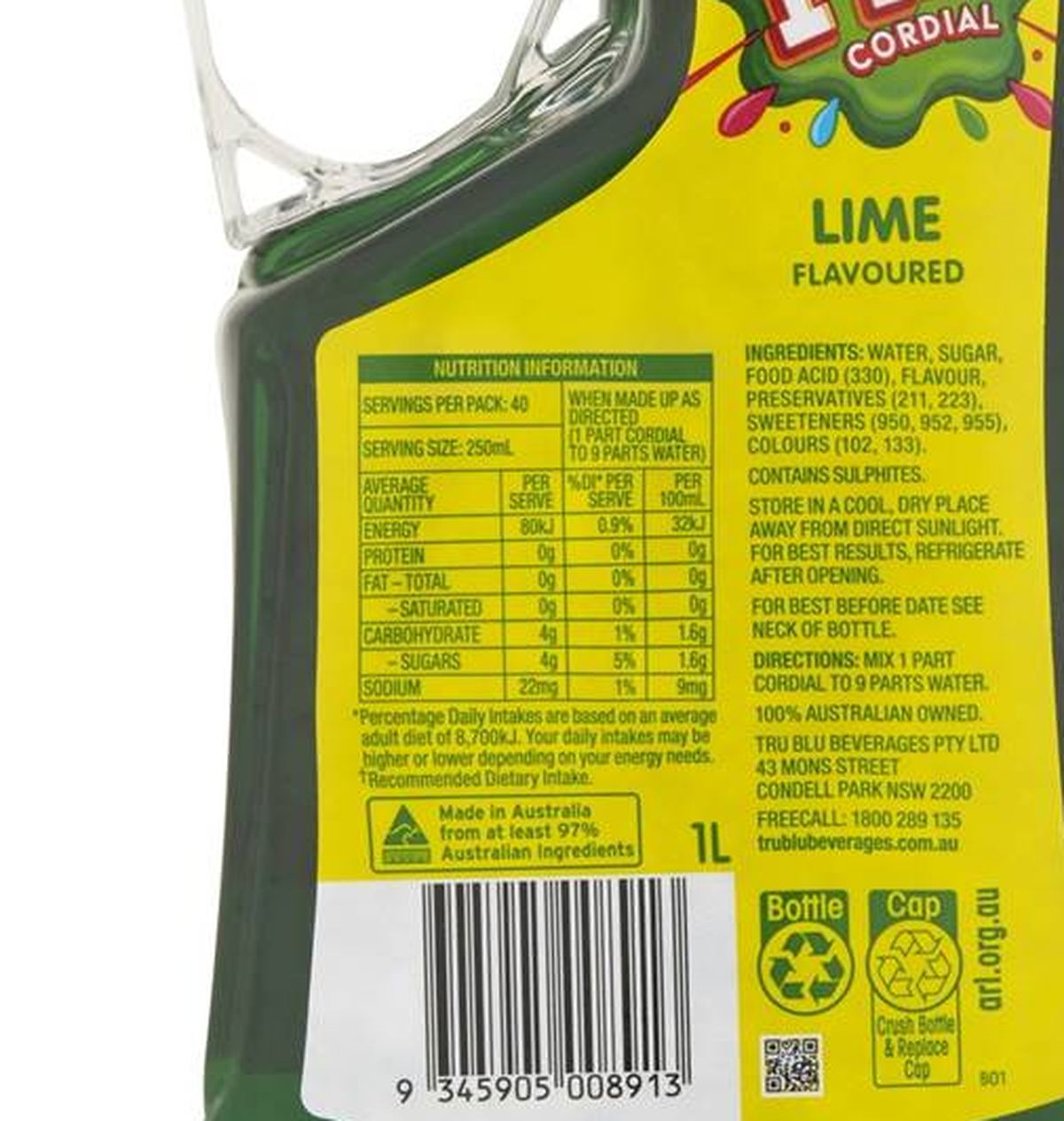 Pack photograph of Pips Cordial Lime Double Concentrate 1L showing the printed nutrition panel