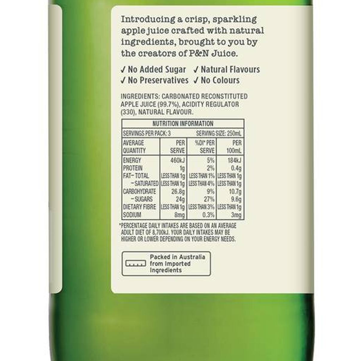Pack photograph of P&N Sparkling Apple Juice 750mL showing the printed nutrition panel