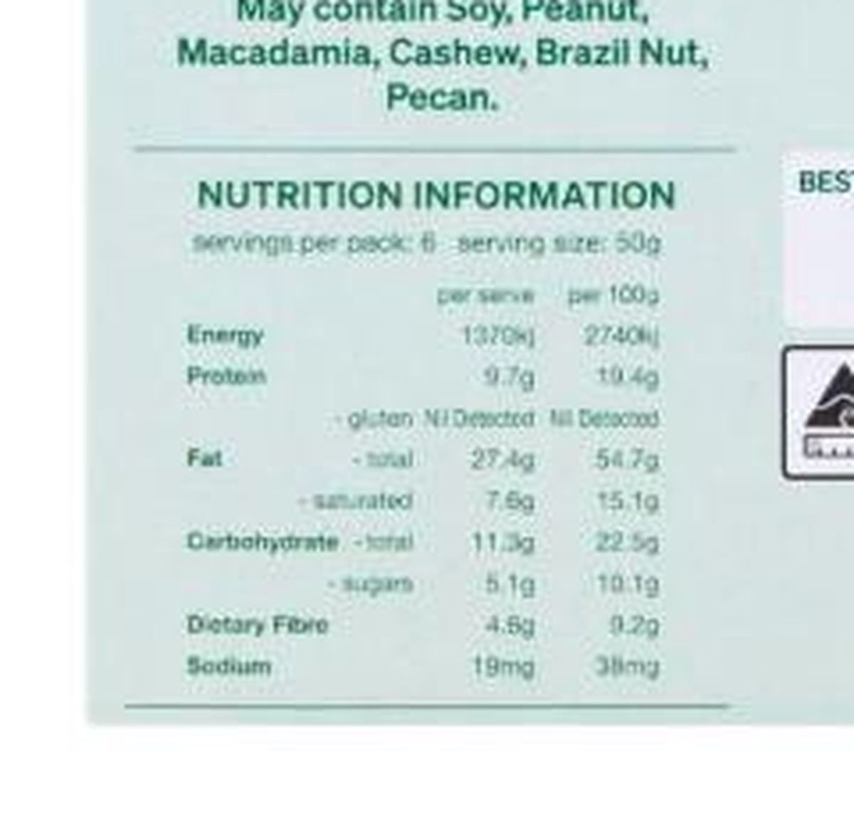 Pack photograph of Farmer Jo Gluten Free Paleo Granola showing the printed nutrition panel