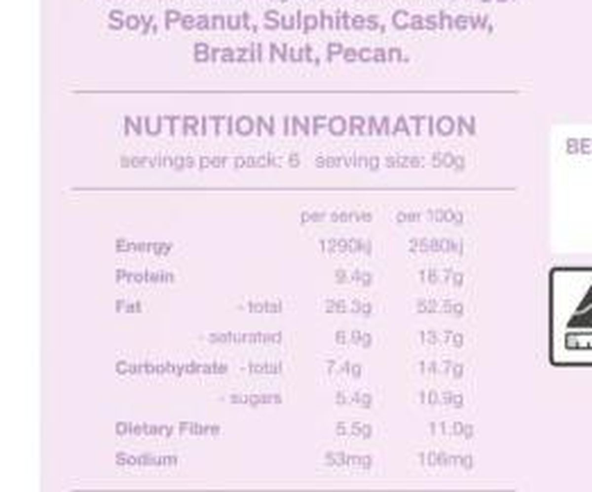 Pack photograph of Farmer Jo Gluten Free Granola Nutty Chai & Coconut showing the printed nutrition panel
