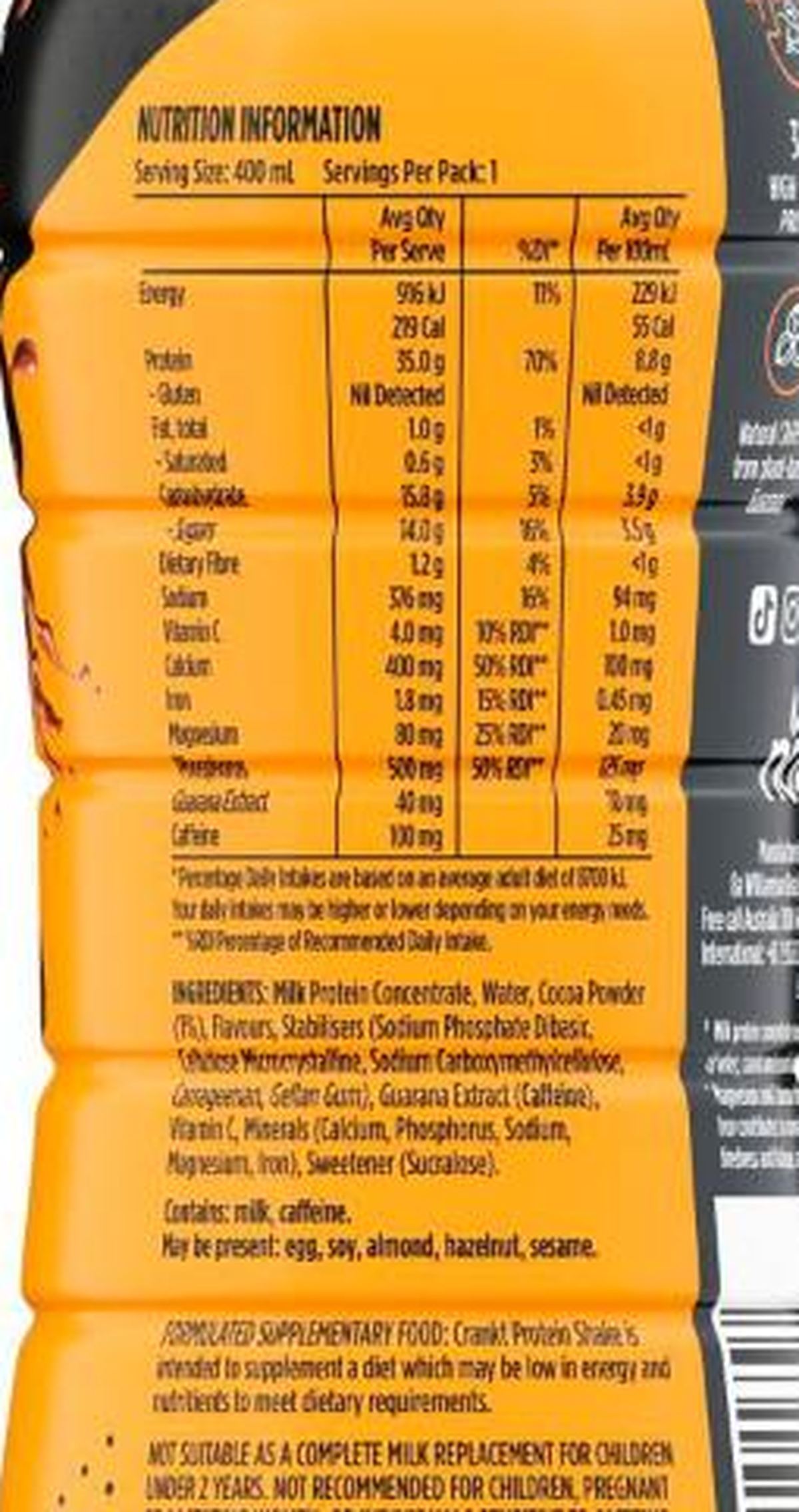 Pack photograph of Crankt Choc Honeycomb 35g Protein showing the printed nutrition panel