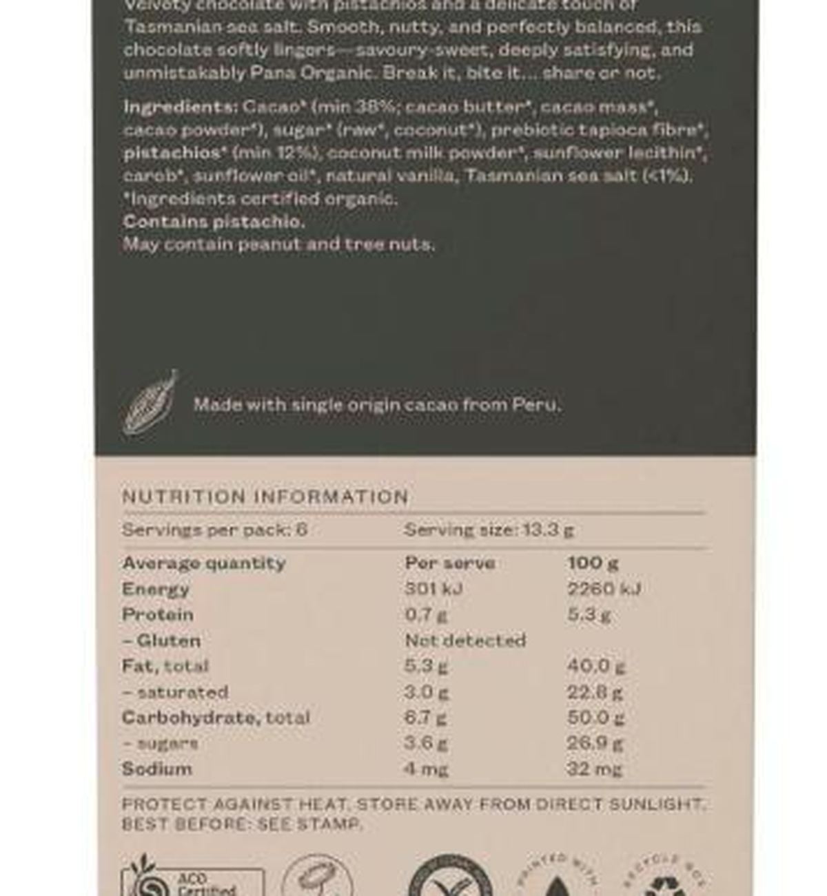 Pack photograph of Pana Organic Block Pistachio showing the printed nutrition panel