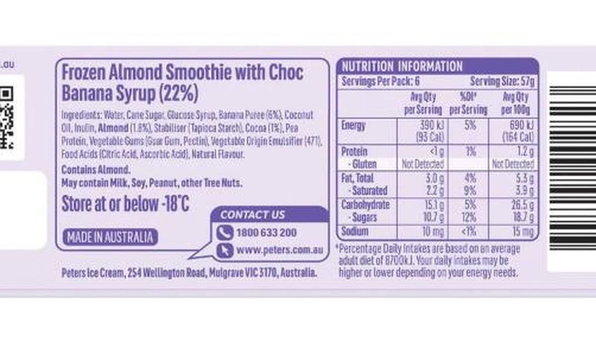 Pack photograph of Proud & Punch Choc Banana Smoothie Pops 6 pack showing the printed nutrition panel