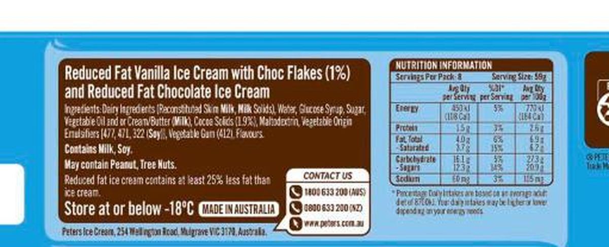 Pack photograph of Peters Original Twin Pole Vanilla Choc 8 pack showing the printed nutrition panel