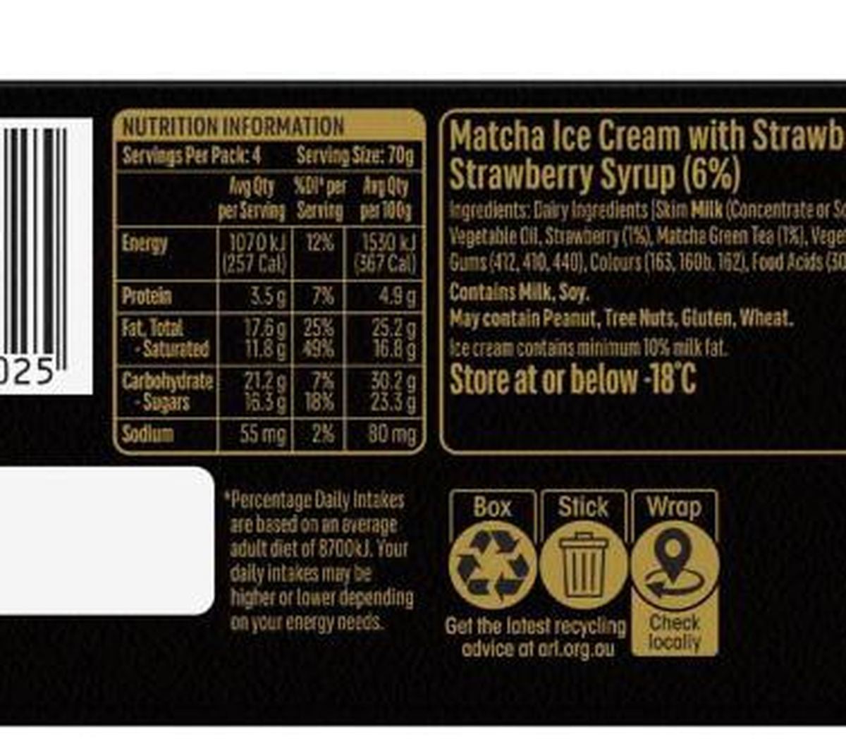 Pack photograph of Connoisseur Strawberry Matcha Ice Cream Stick 4 Pack showing the printed nutrition panel