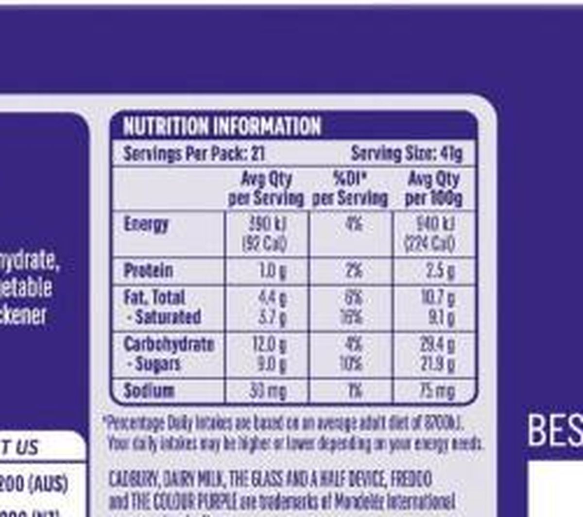 Pack photograph of Cadbury Freddo Cake 1.5L showing the printed nutrition panel