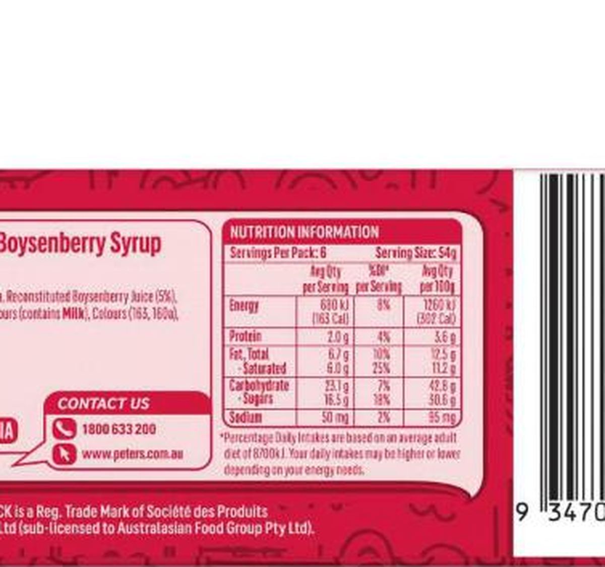 Pack photograph of Peters Drumstick Mini Boysen Berry Swirl 6 pack showing the printed nutrition panel