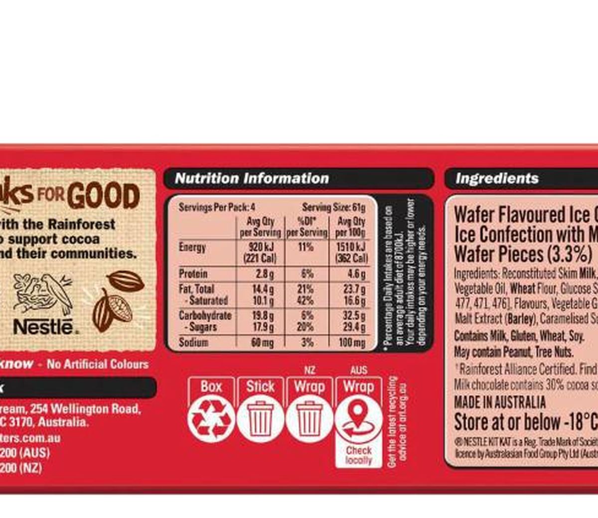 Pack photograph of KitKat Frozen Dessert Sticks 4 pack showing the printed nutrition panel