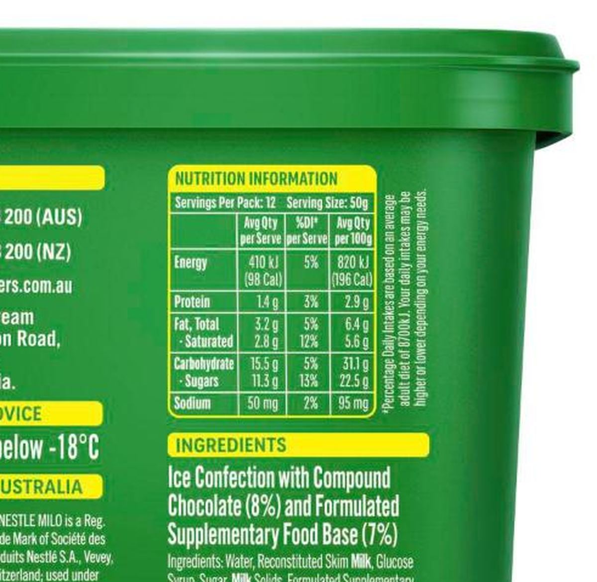 Pack photograph of Milo Frozen Dessert Tub 1.2L showing the printed nutrition panel