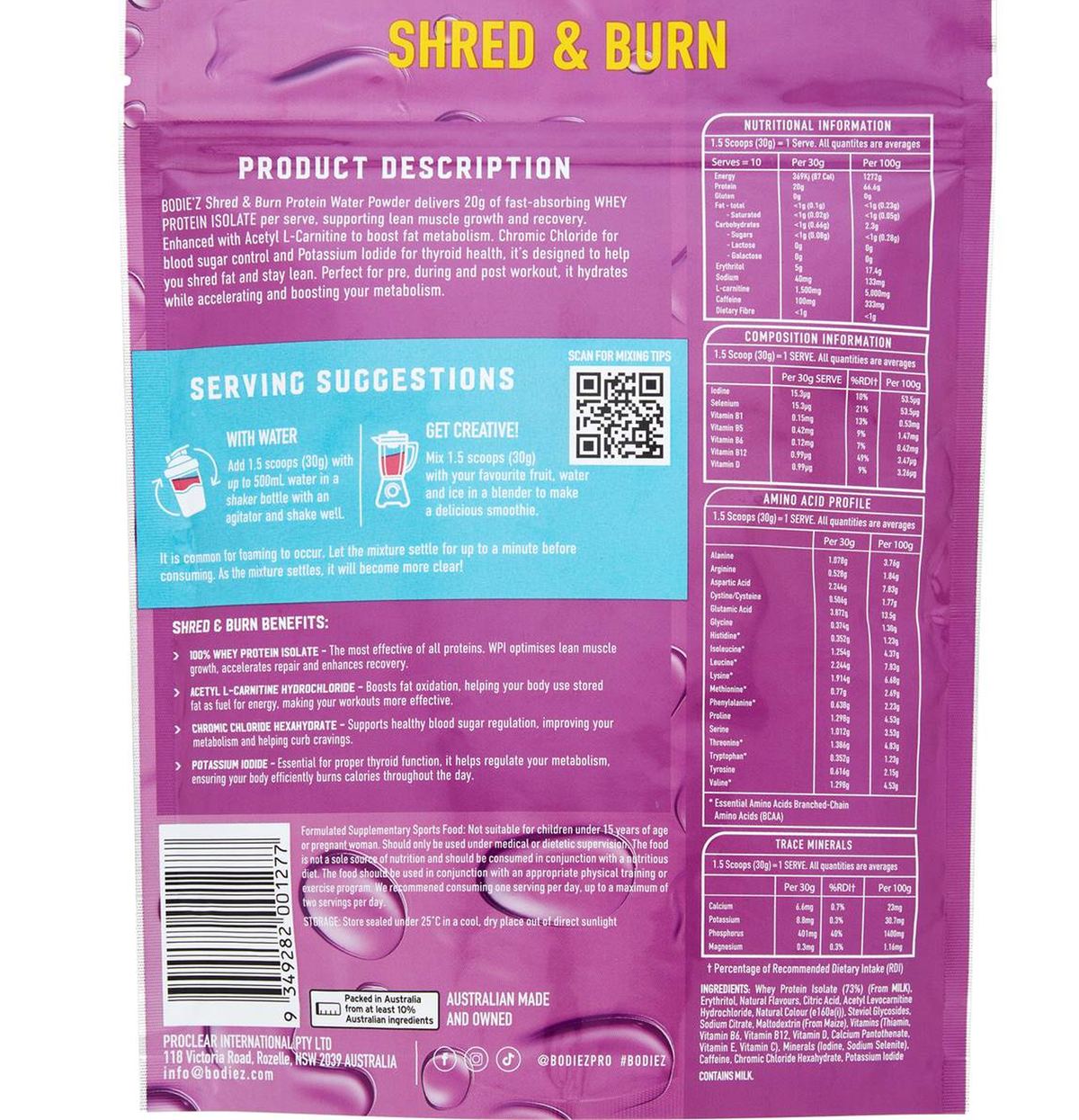 Pack photograph of Bodiez 100% Whey Protein Water Shred & Burn Tropical Flavour 300g showing the printed nutrition panel