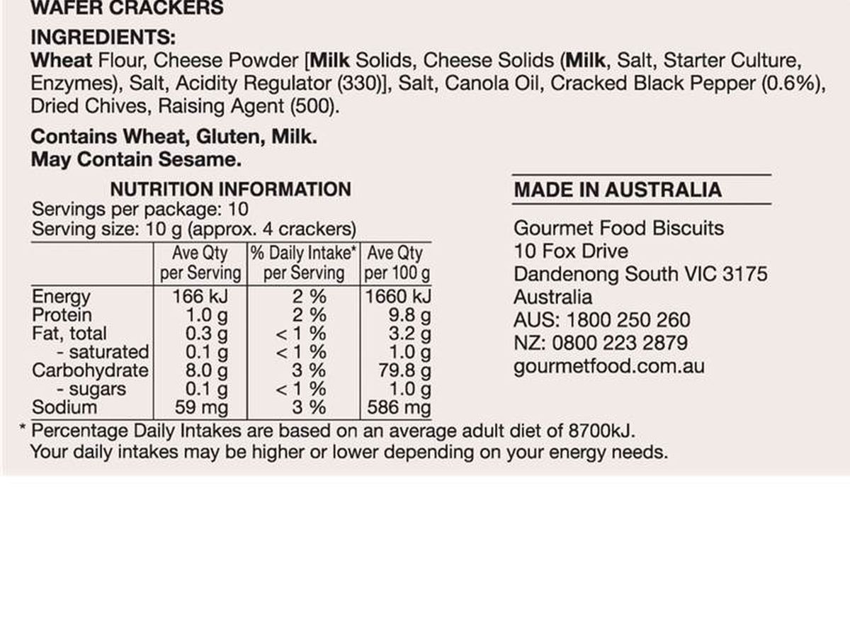 Pack photograph of Olina's Bakehouse Wafer Crackers Black Pepper 100g showing the printed nutrition panel