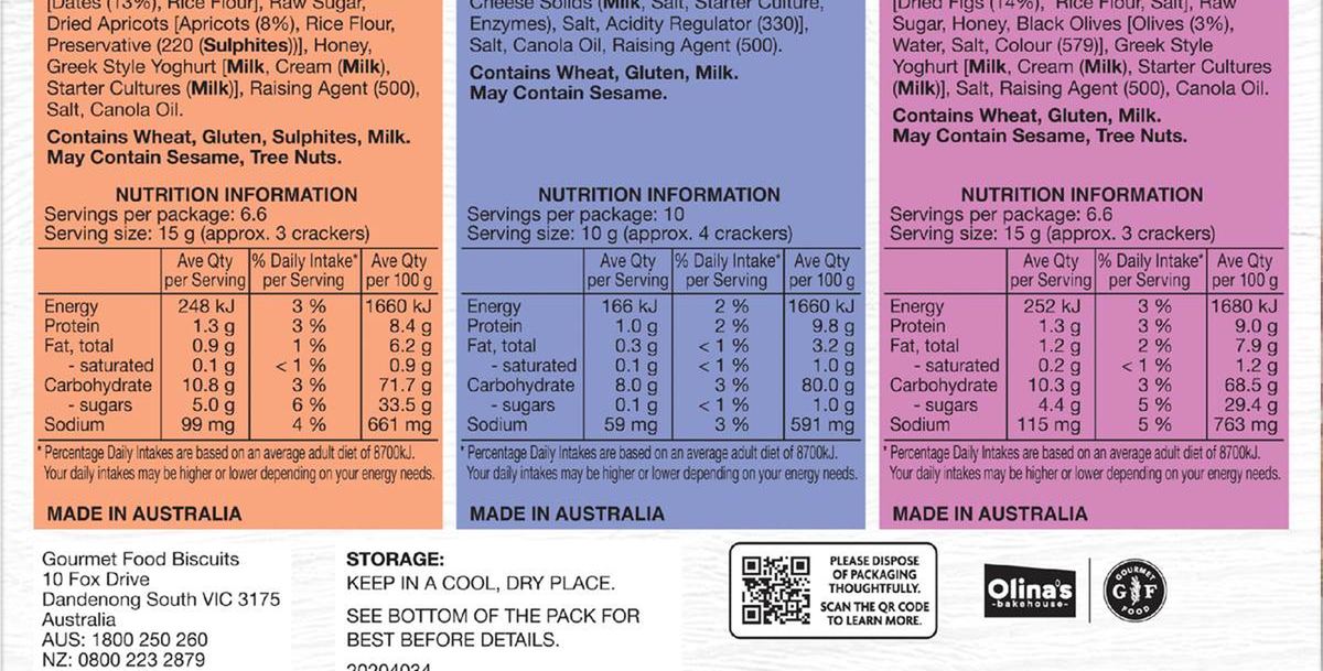 Pack photograph of Olina's Bakehouse Entertainers Selection Artisan & Wafer Crackers 300g showing the printed nutrition panel