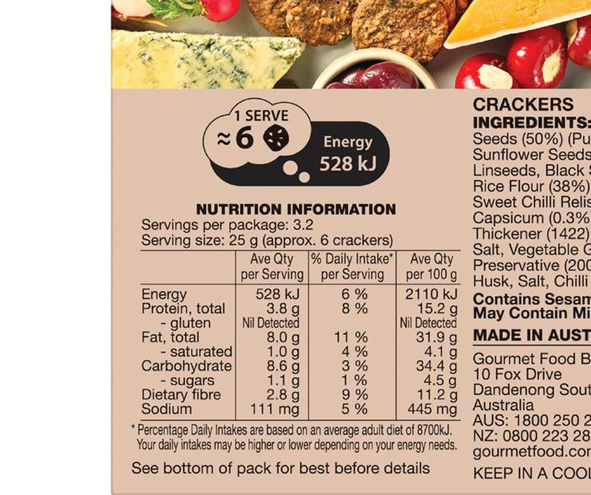 Pack photograph of Olina's Bakehouse Gluten Free Seeded Brown Rice Crackers Chilli 80g showing the printed nutrition panel