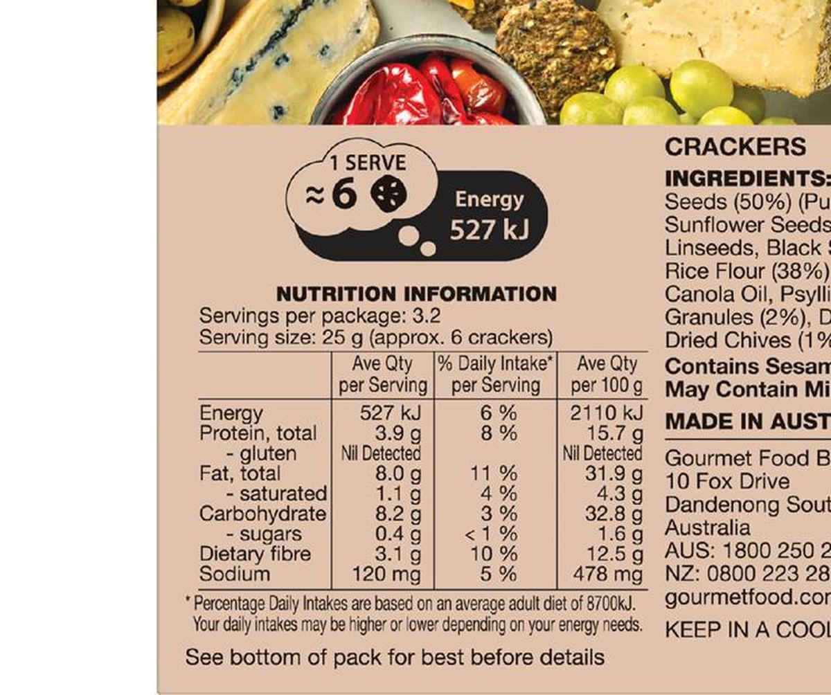 Pack photograph of Olina's Bakehouse Gluten Free Seeded Brown Rice Crackers Herb & Garlic 80g showing the printed nutrition panel