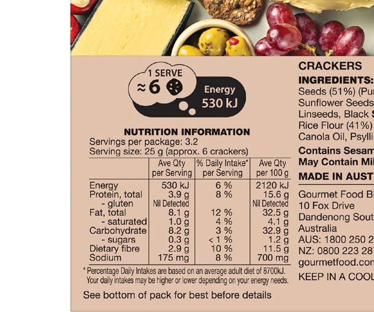 Pack photograph of Olina's Bakehouse Gluten Free Seeded Brown Rice Crackers Sea Salt 80g showing the printed nutrition panel