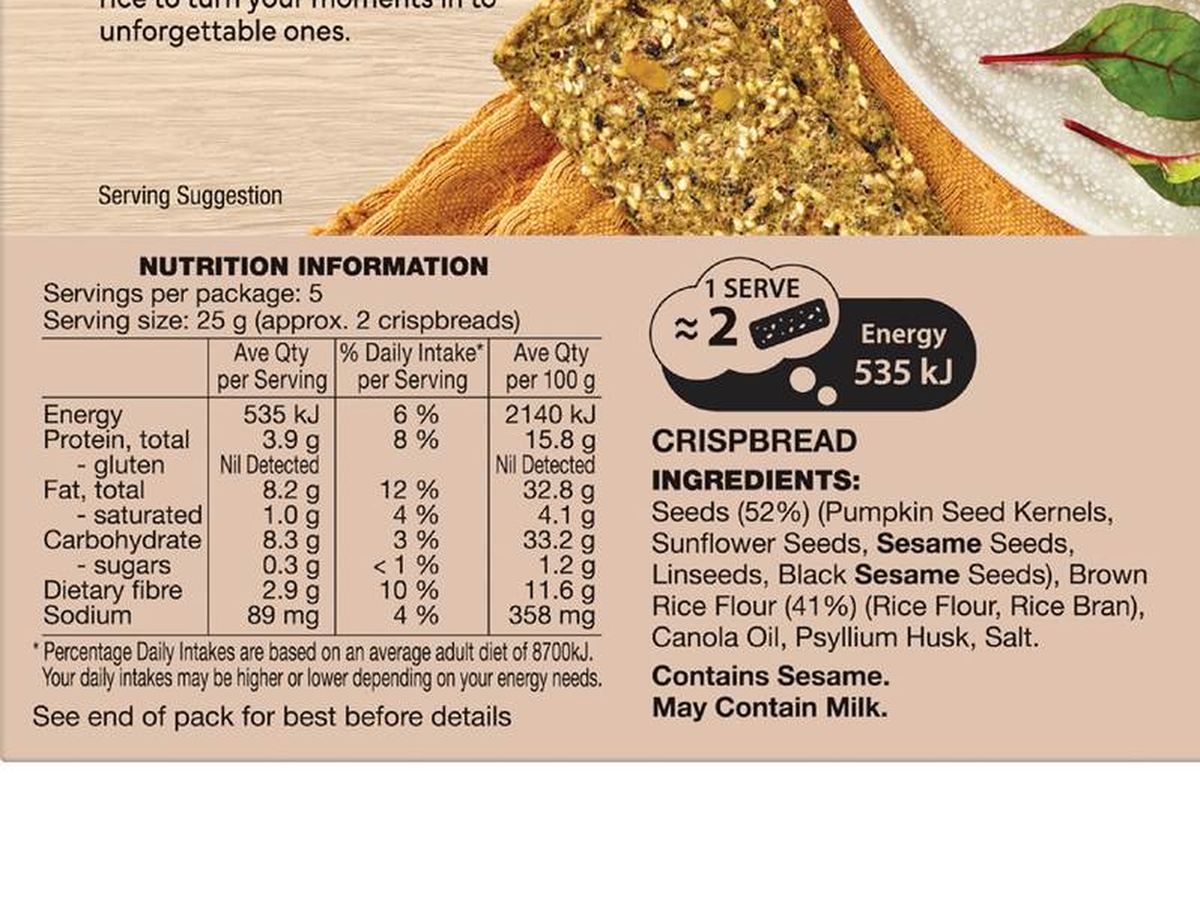 Pack photograph of Olina's Bakehouse Gluten Free Seeded Brown Rice Crispbread Original 126g showing the printed nutrition panel