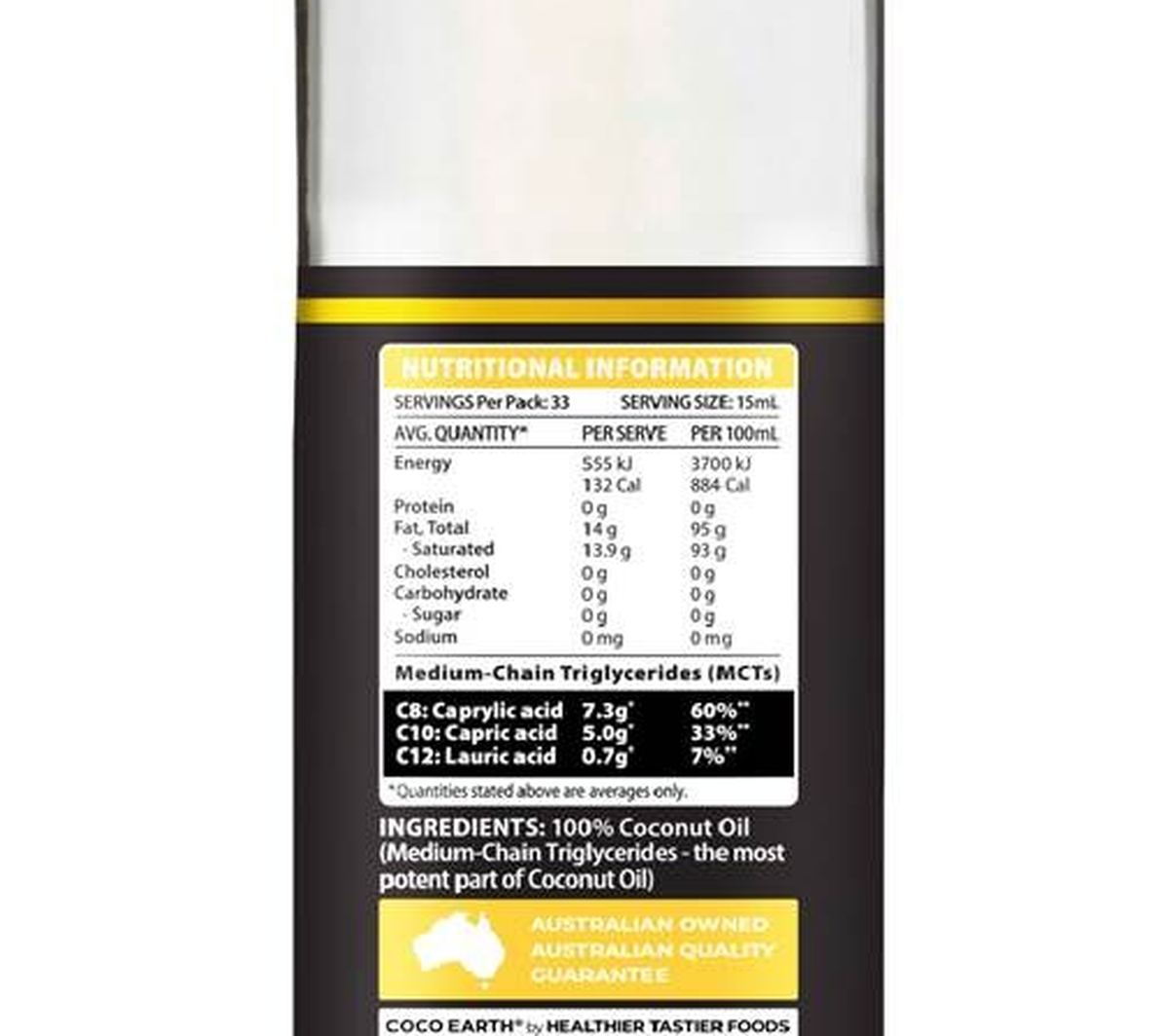 Pack photograph of Coco Earth MCT Liquid Coconut Oil Coconut Oil 500mL showing the printed nutrition panel