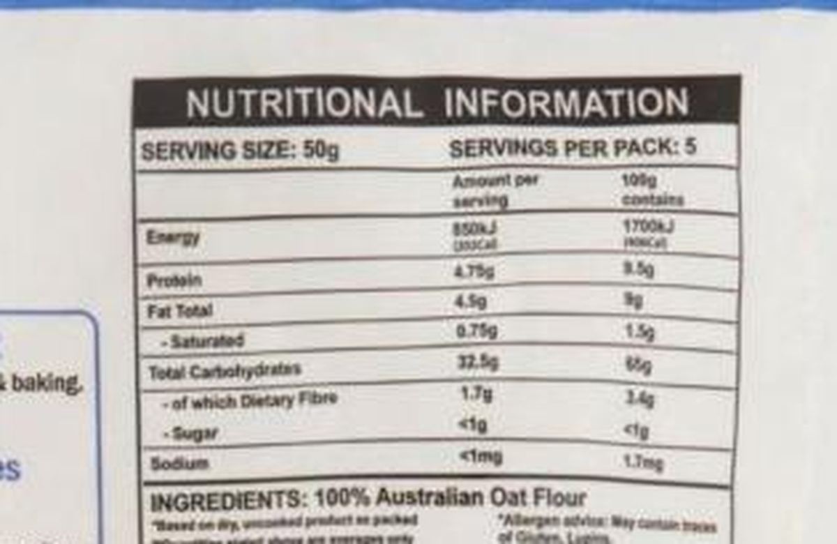 Pack photograph of Coco Earth Oat Flour showing the printed nutrition panel