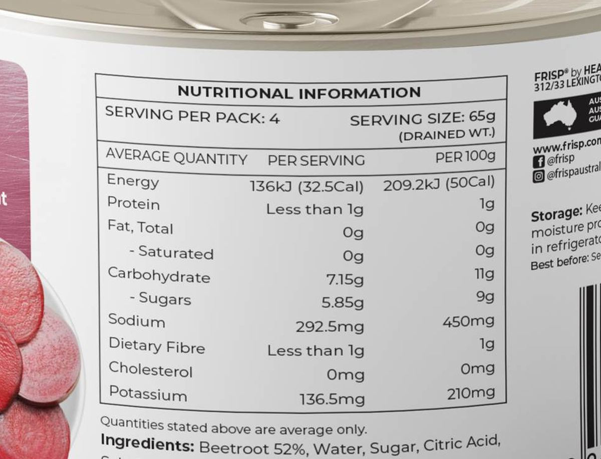 Pack photograph of Frisp Sliced Beetroot 500g showing the printed nutrition panel