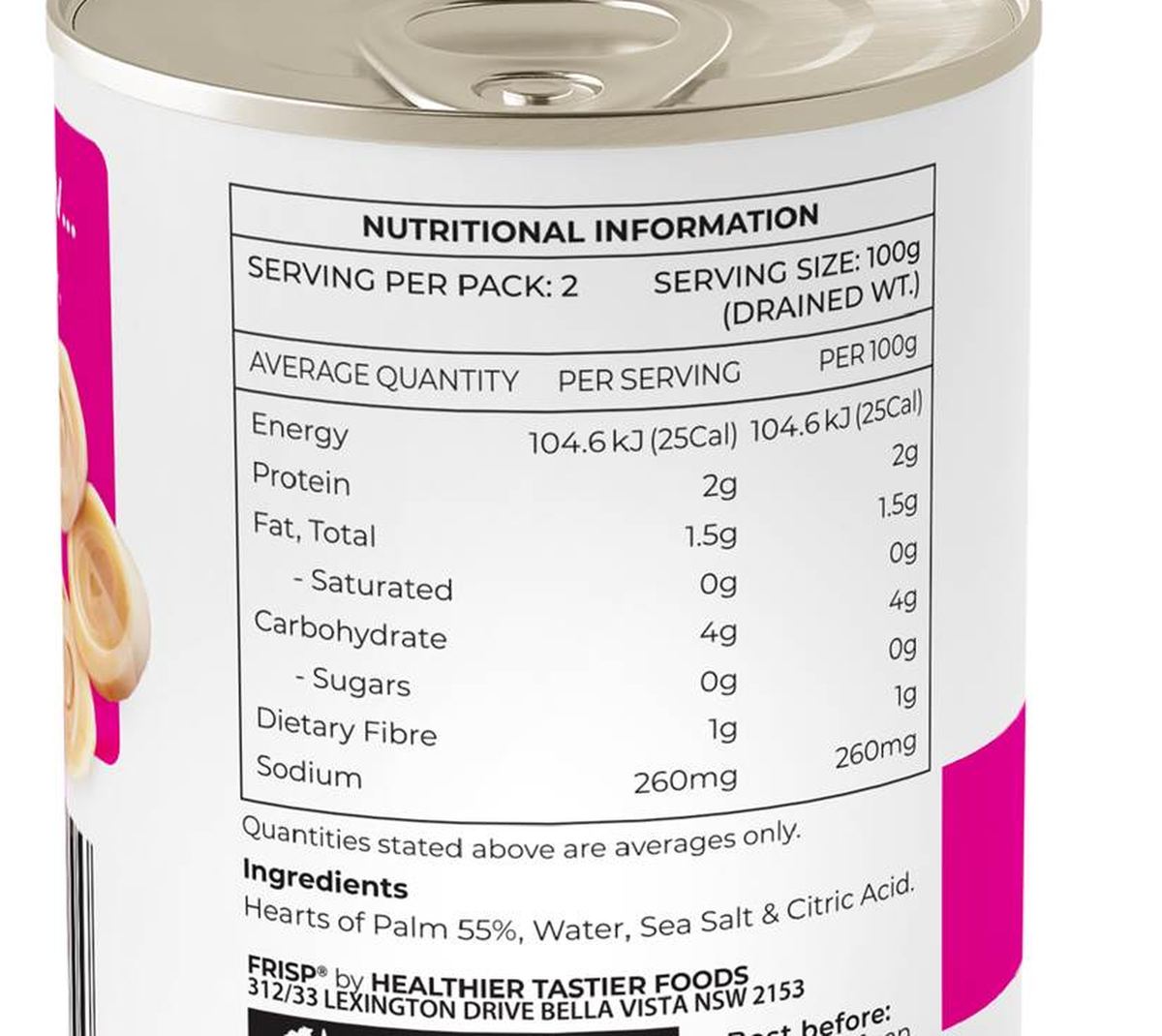 Pack photograph of Frisp Hearts Of Palm Pieces 400g showing the printed nutrition panel