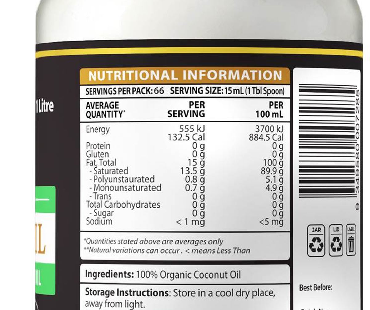 Pack photograph of Coco Earth Organic Coconut Cooking Oil 1L showing the printed nutrition panel