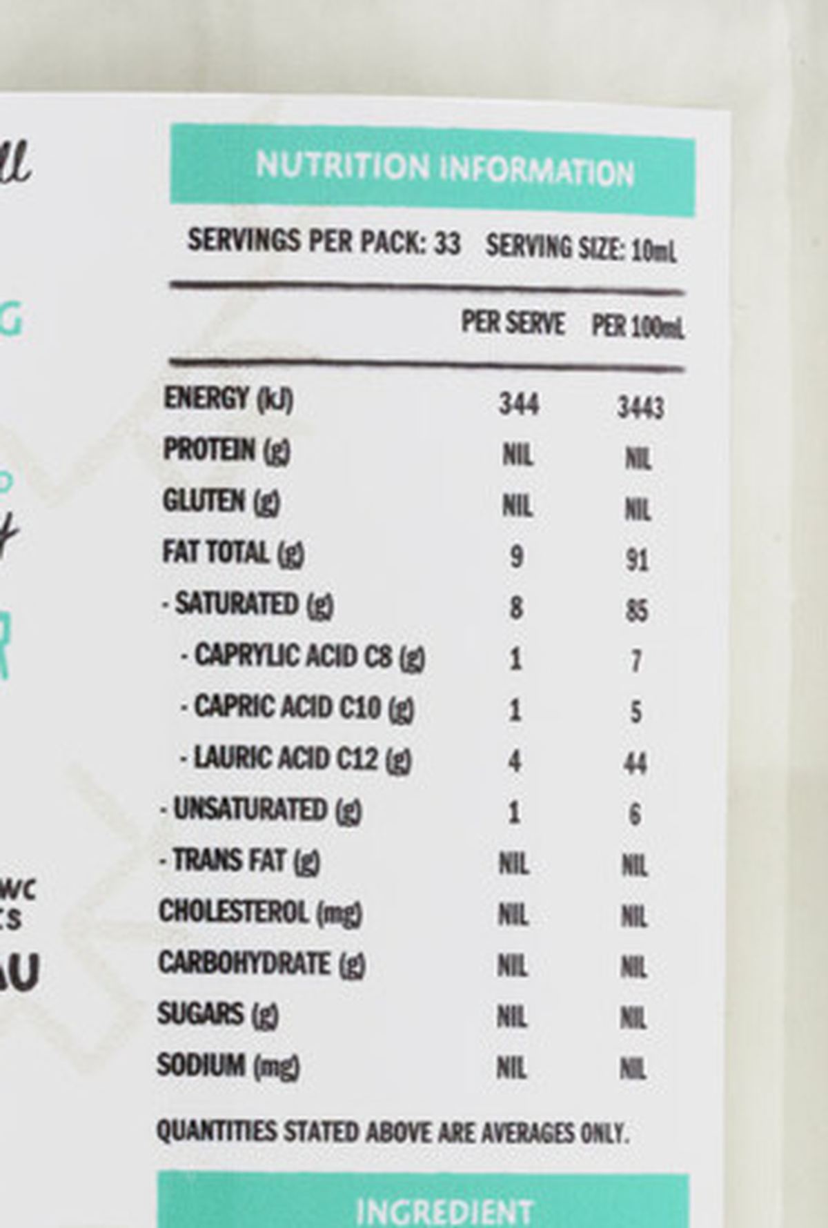 Pack photograph of Raw C Organic Coconut Oil showing the printed nutrition panel