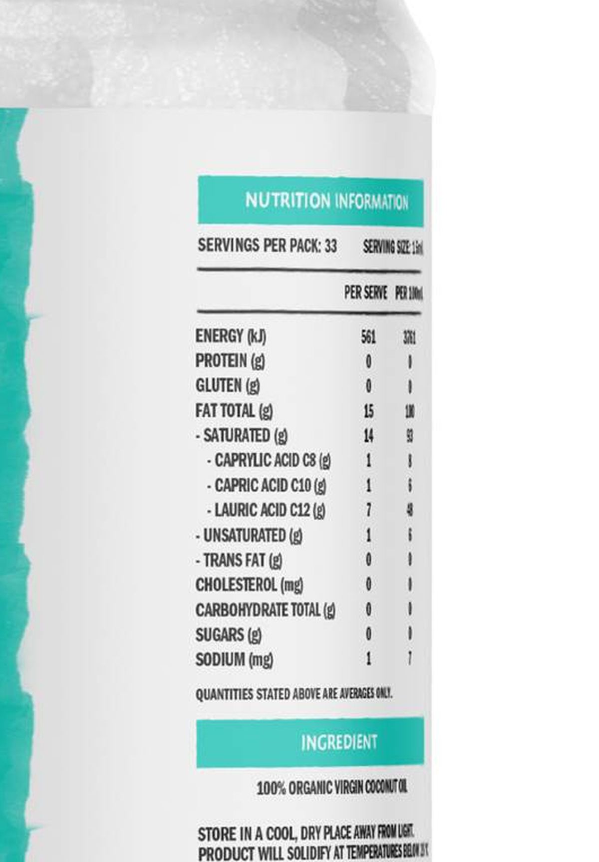 Pack photograph of Raw C Organic Coconut Oil 500mL showing the printed nutrition panel