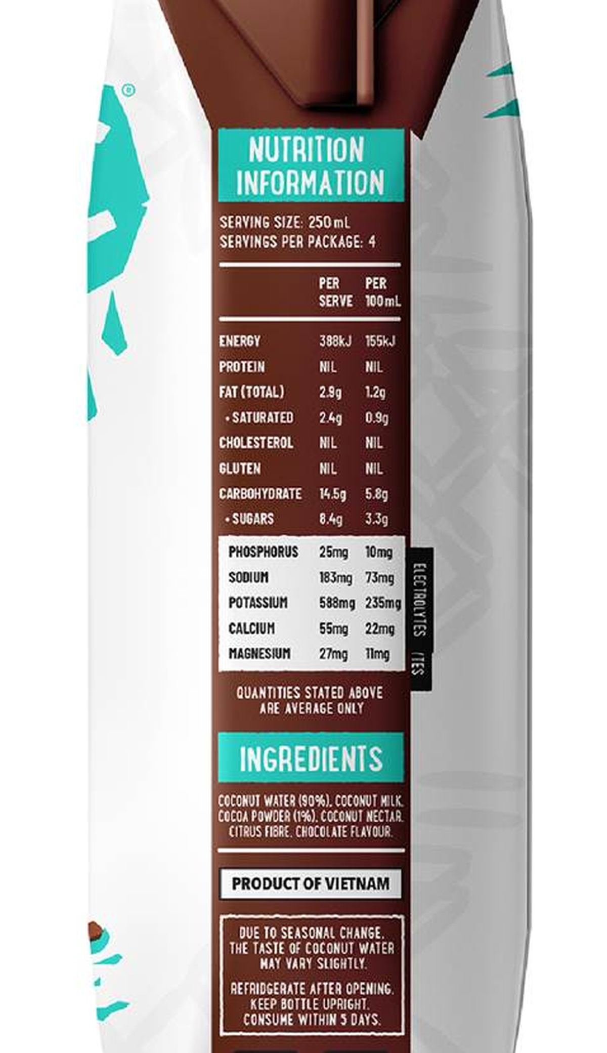 Pack photograph of Raw C Pure Coconut Water Infused With Chocolate 1L showing the printed nutrition panel