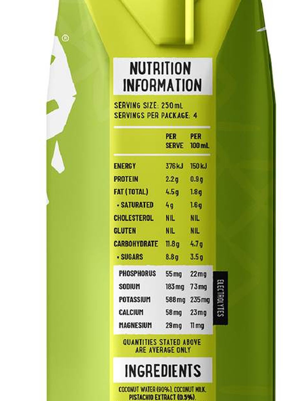 Pack photograph of Raw C Coconut Water White Chocolate & Pistachio Papi 1L showing the printed nutrition panel