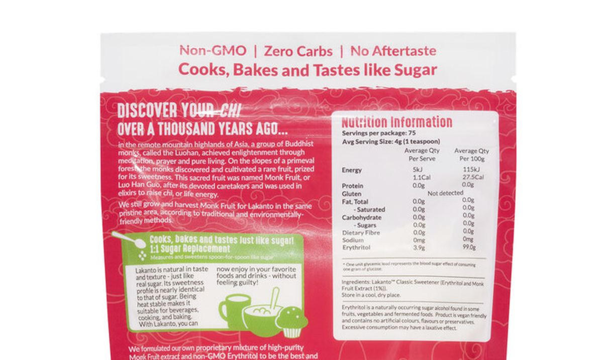 Pack photograph of Lakanto Classic Monkfruit Sweetener White Sugar Replacement showing the printed nutrition panel