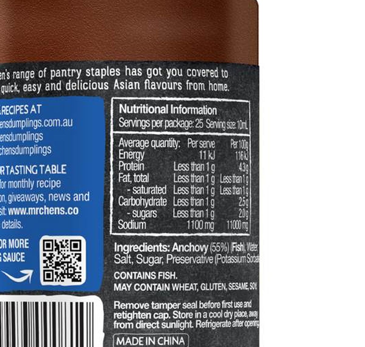 Pack photograph of Mr Chen's Fish Sauce 250mL showing the printed nutrition panel