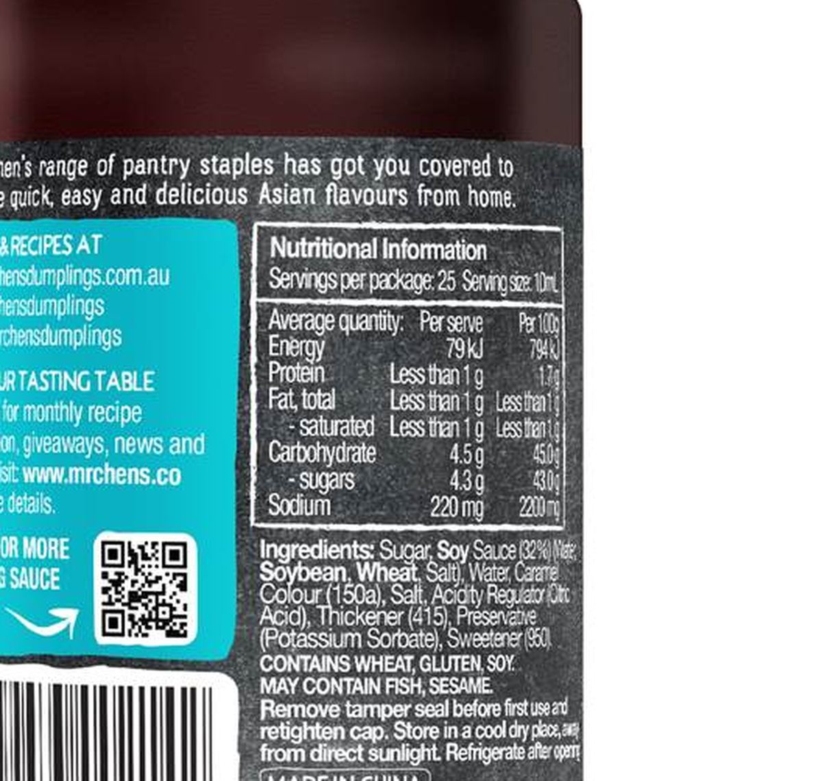 Pack photograph of Mr Chen's Sweet Soy Sauce 250mL showing the printed nutrition panel