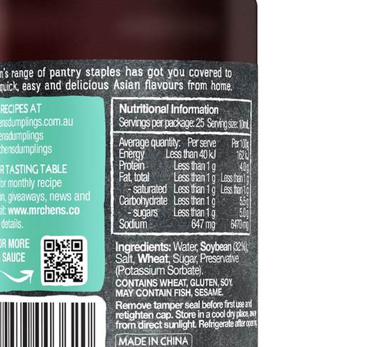 Pack photograph of Mr Chen's Soy Sauce 250mL showing the printed nutrition panel