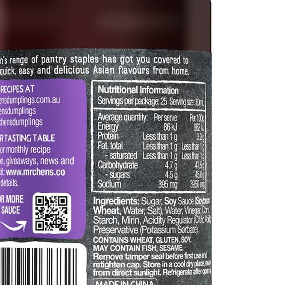 Pack photograph of Mr Chen's Teriyaki Sauce 250mL showing the printed nutrition panel