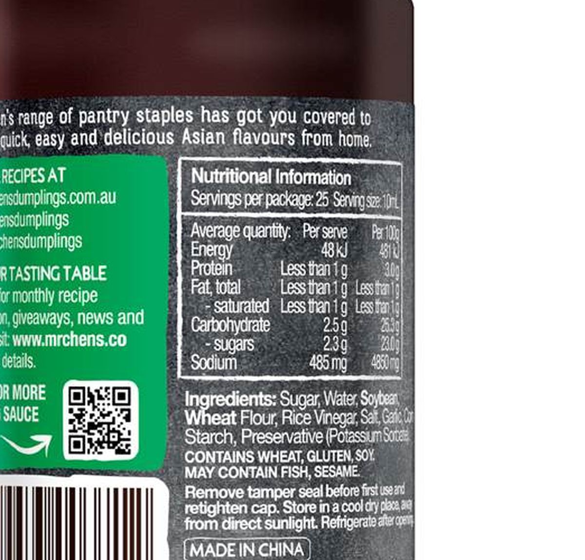 Pack photograph of Mr Chen's Hoisin Sauce 250mL showing the printed nutrition panel