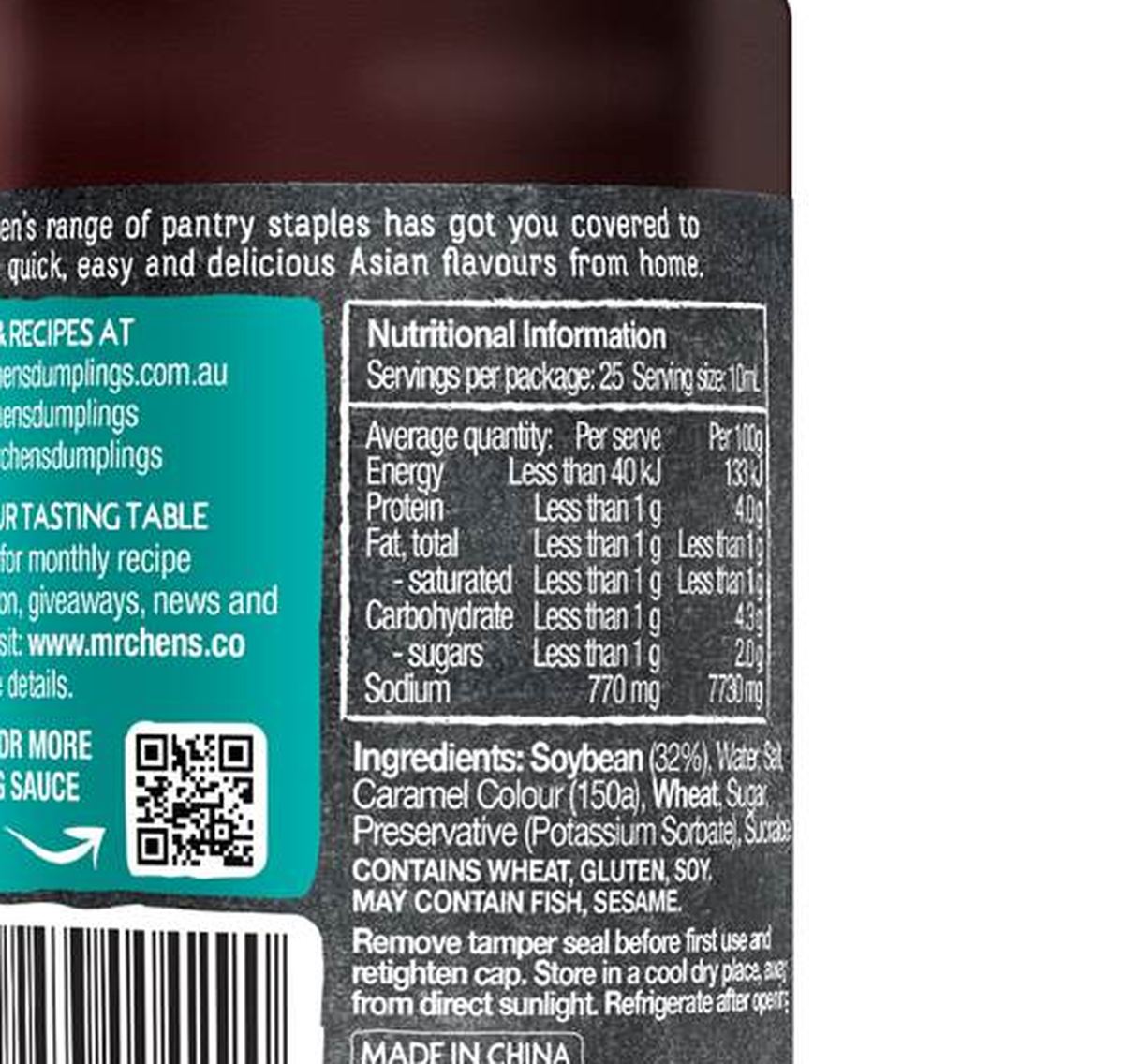Pack photograph of Mr Chen's Dark Soy Sauce 250mL showing the printed nutrition panel