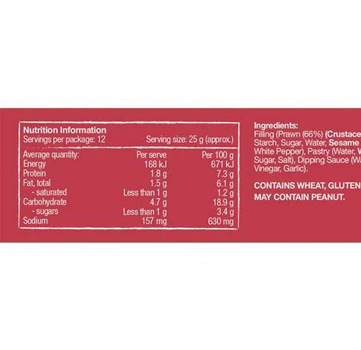 Pack photograph of Mr Chen's Prawn Hargow Dumplings 300g showing the printed nutrition panel