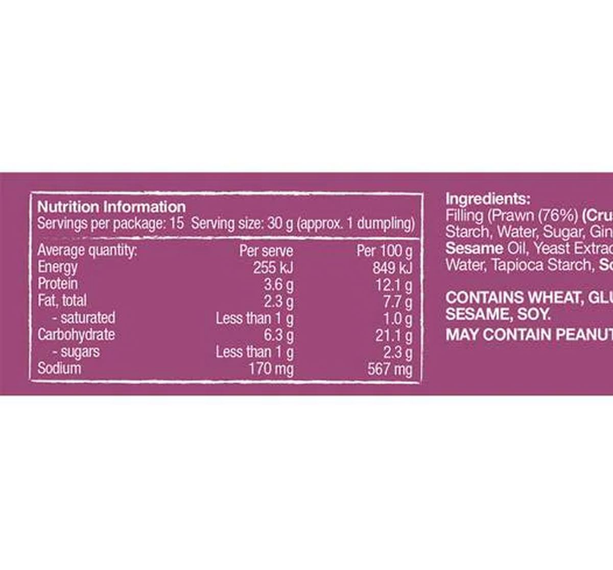 Pack photograph of Mr Chen's Ginger Prawn Dumplings 450g showing the printed nutrition panel