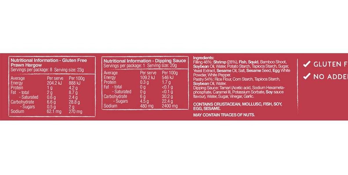 Pack photograph of Mr Chen's Gluten Free Prawn Hargow Dumplings 204g showing the printed nutrition panel
