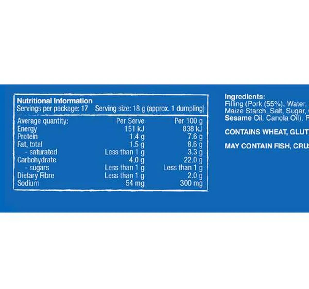 Pack photograph of Mr Chen's Pork & Chive Dumplings 300g showing the printed nutrition panel