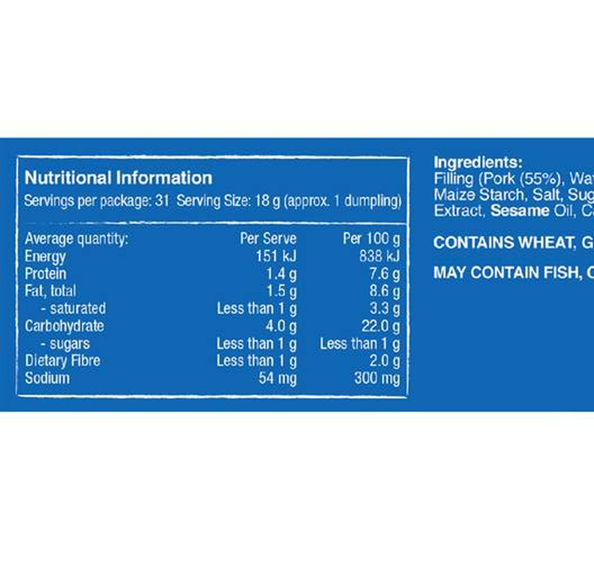 Pack photograph of Mr Chen's Pork & Chive Dumplings 550g showing the printed nutrition panel