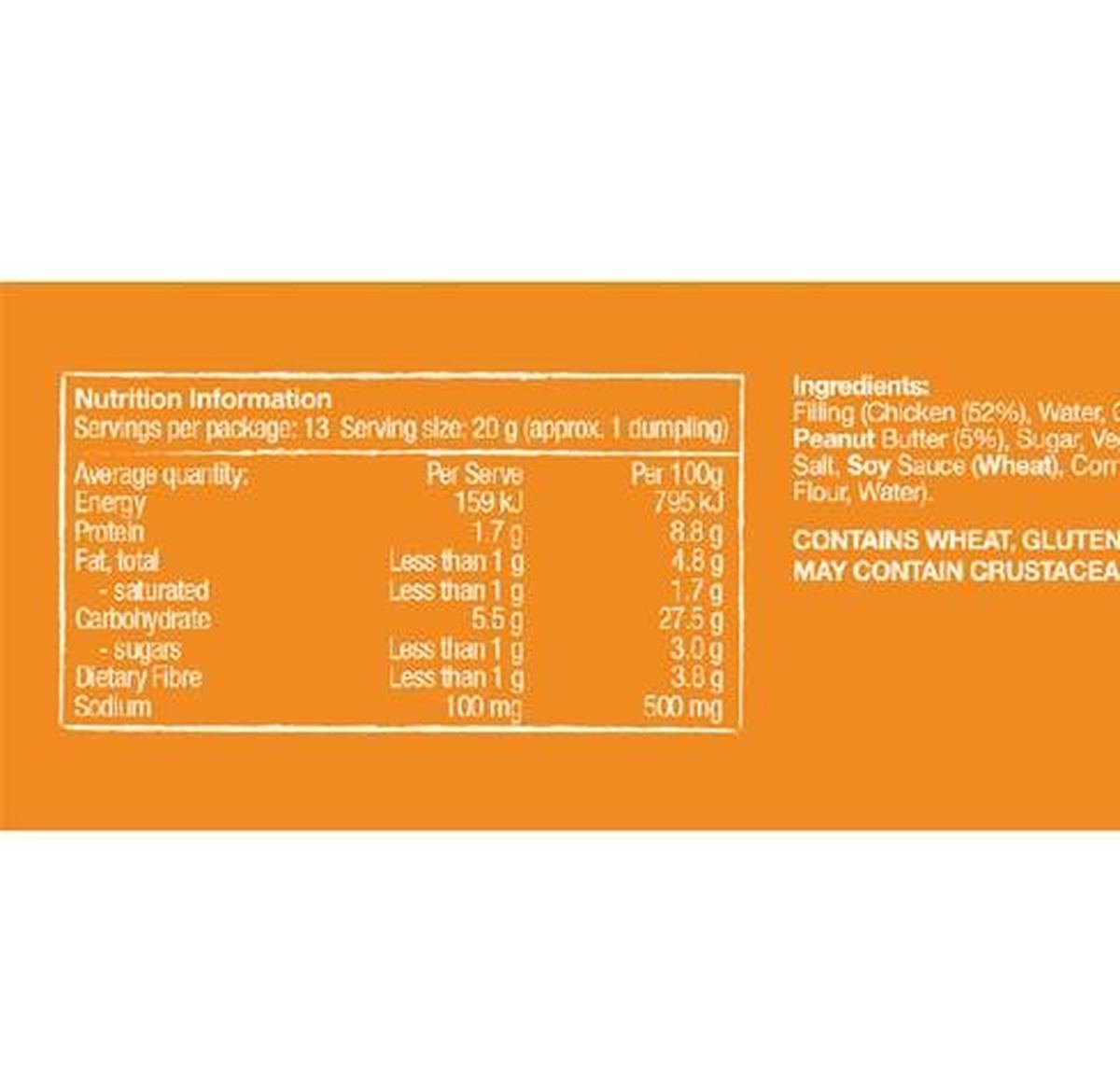 Pack photograph of Mr Chen's Satay Chicken Dumplings 260g showing the printed nutrition panel