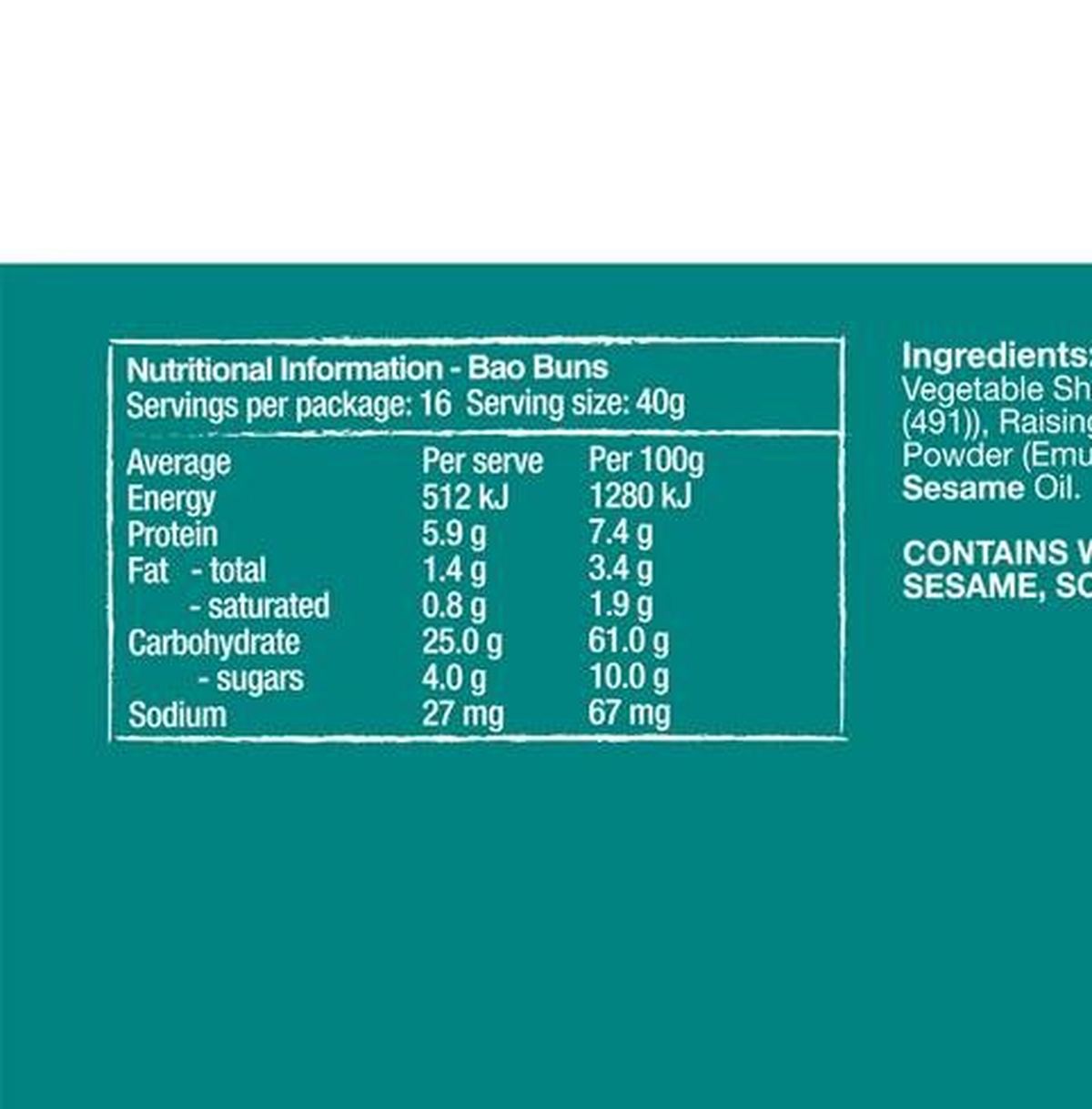 Pack photograph of Mr Chen's Bao Buns 16 pack showing the printed nutrition panel