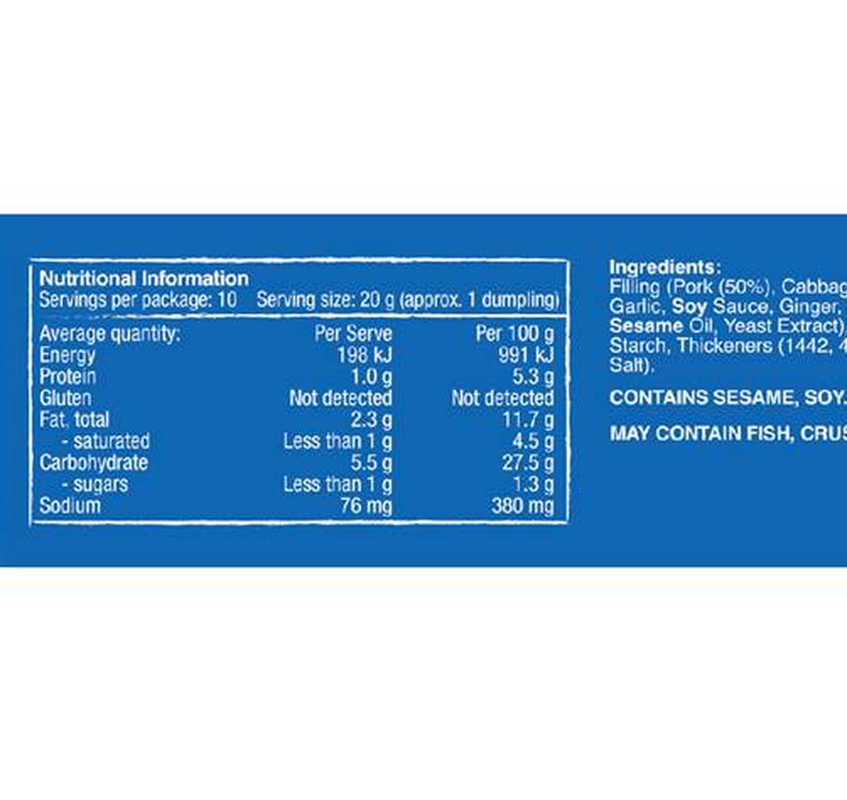 Pack photograph of Mr Chen's Gluten Free Dumplings Pork & Chive 200g showing the printed nutrition panel