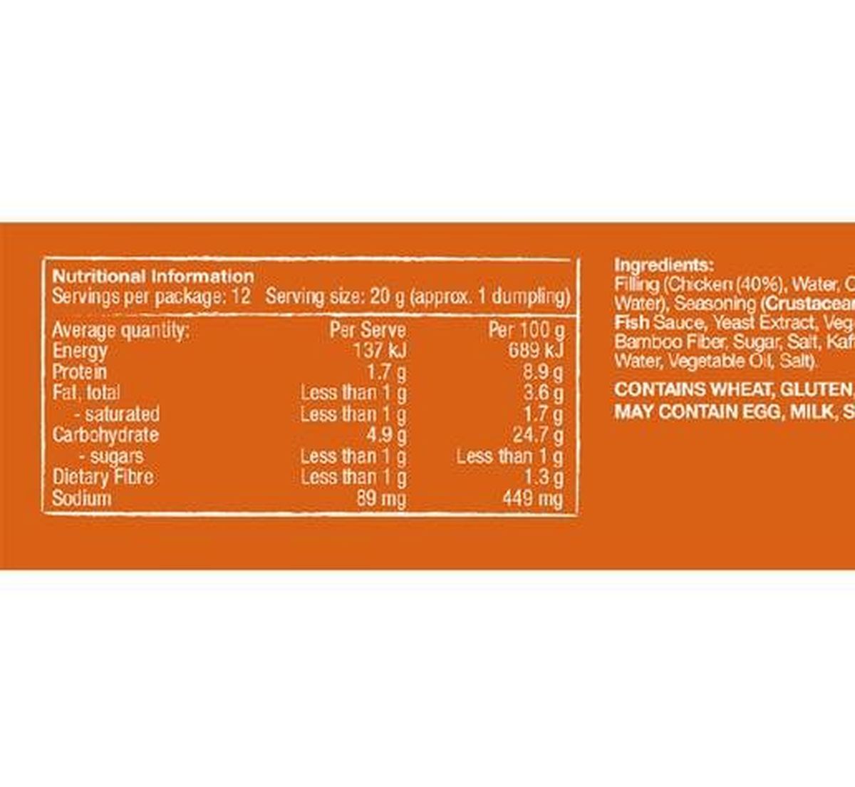 Pack photograph of Mr Chen's Chicken Laksa Soup Dumplings 240g showing the printed nutrition panel