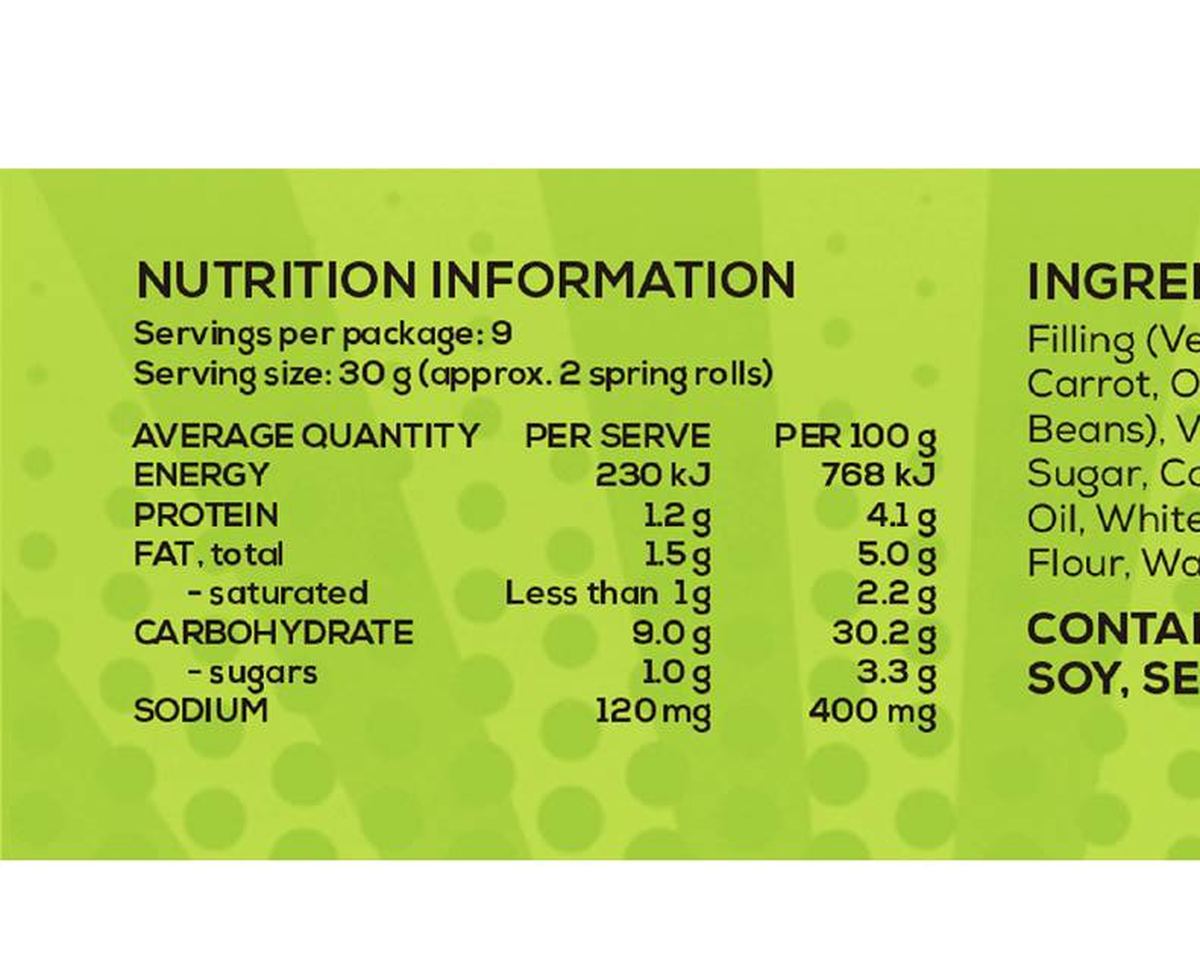 Pack photograph of Lucky Kitchen Vegie Spring Rolls 270g showing the printed nutrition panel
