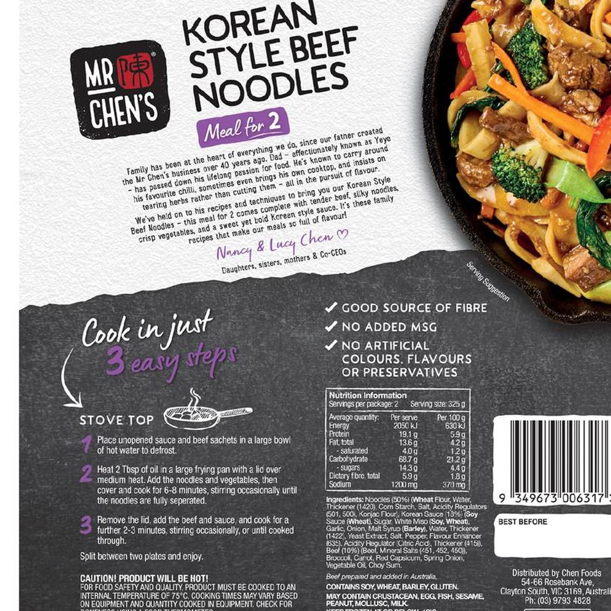 Pack photograph of Mr Chen's Korean Style Beef Noodles 650g showing the printed nutrition panel